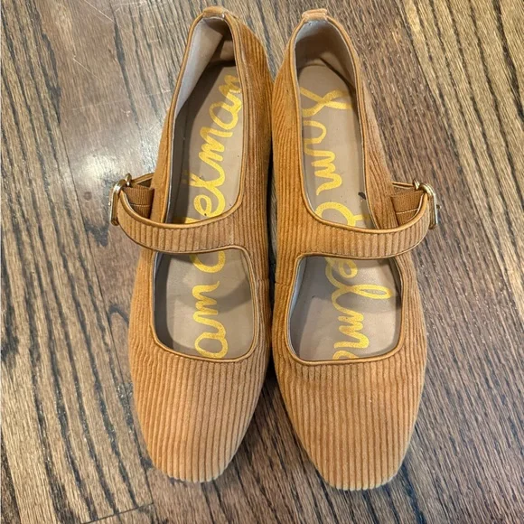 Sam Edelman Women's Corduroy Mary Jane Flats in Camel Brown with Gold Buckle - Picture 3 of 4